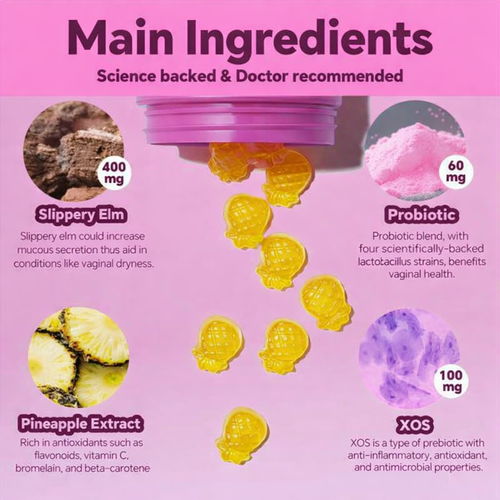 Lush Her Juicy Feminine Probiotics Gummies- All in One Solution with Slippery Elm and Prebiotics&Lactobacillus Probiotic Blend for Women’s pH Balance and Dryness - Hawaiian Pineapple Gummies 60 Counts Women’s Probiotics